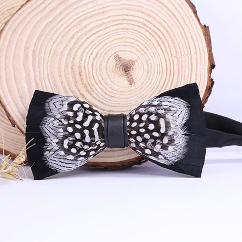 Black & White Interwoven Feather Bow Tie with Lapel Pin