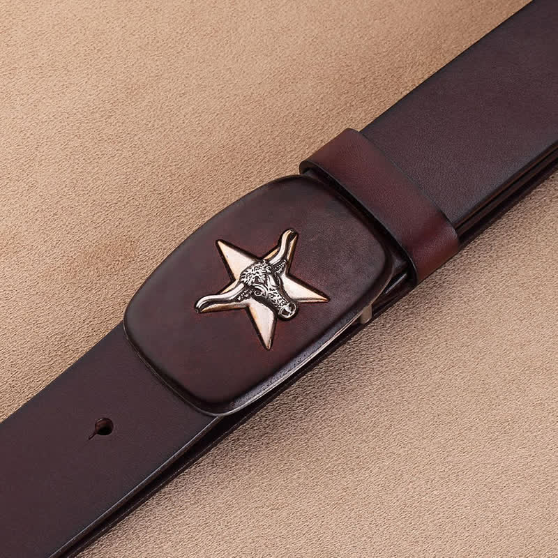 Men's Ox Head Star Plate Buckle Leather Belt