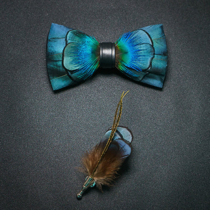 Lustrous Blue Feather Bow Tie with Lapel Pin