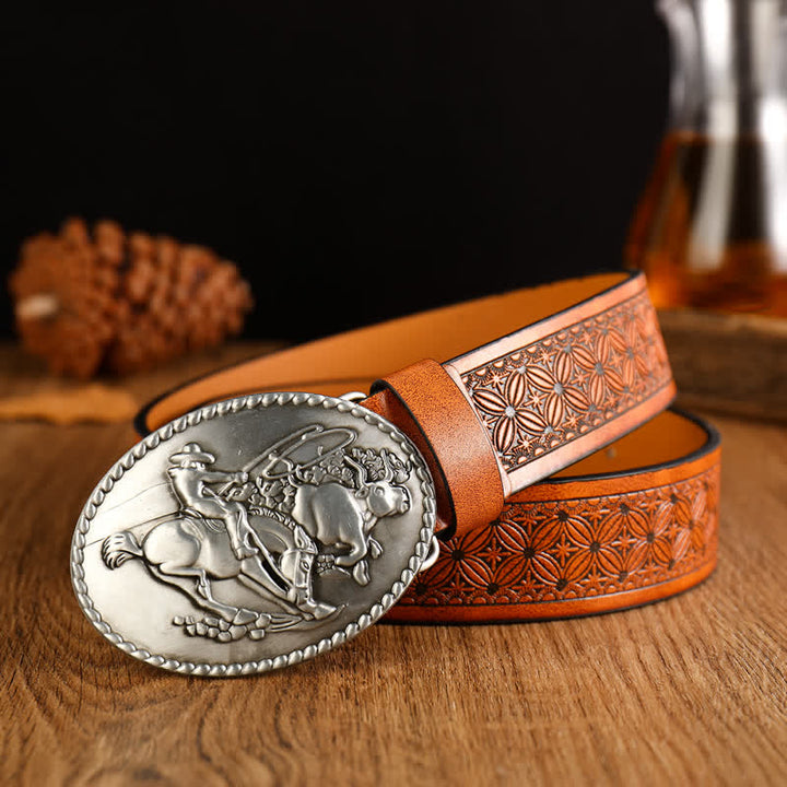 Men's Running Horse Geometric Buckle Leather Belt