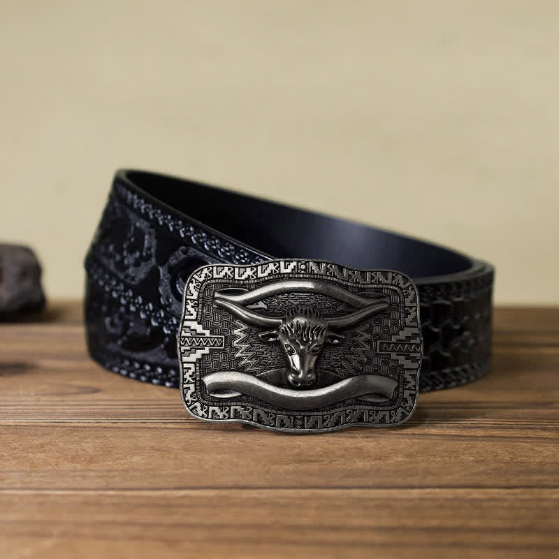 Men's DIY Silver Square Longhorn Bull Buckle Leather Belt