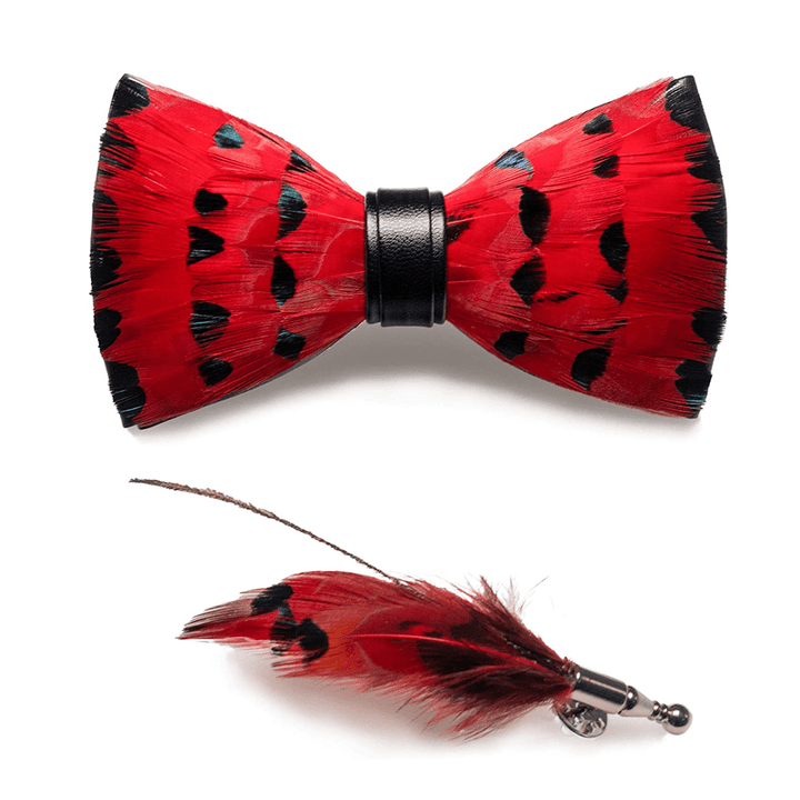 Red Finch Tail Feather Bow Tie with Lapel Pin - image 3
