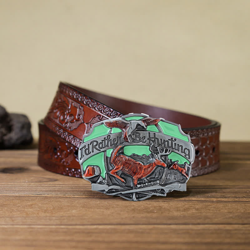 Men's DIY Hunting Deer In The Wild Buckle Leather Belt