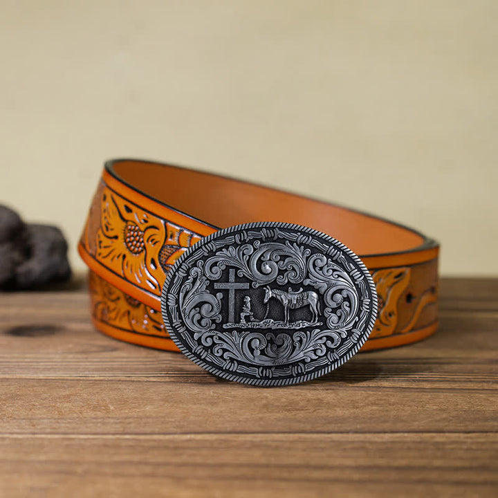 Men's DIY Praying Cowboy Oval Buckle Leather Belt