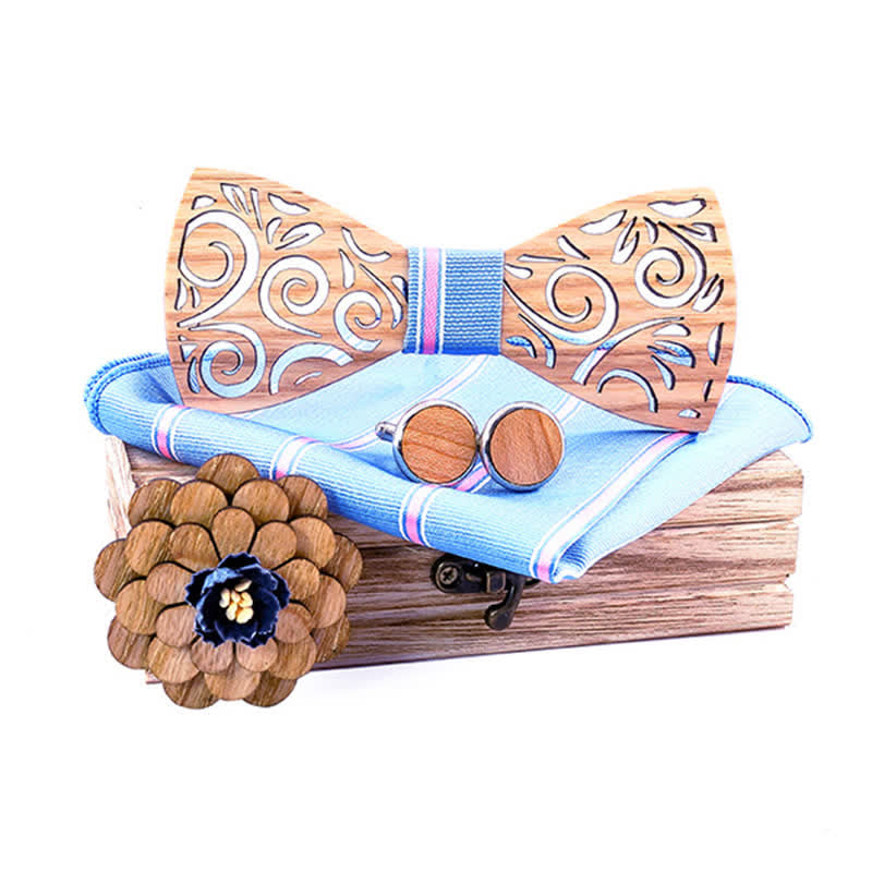 4Pcs Men's Hollow Leaf Design Wooden Bow Tie Set