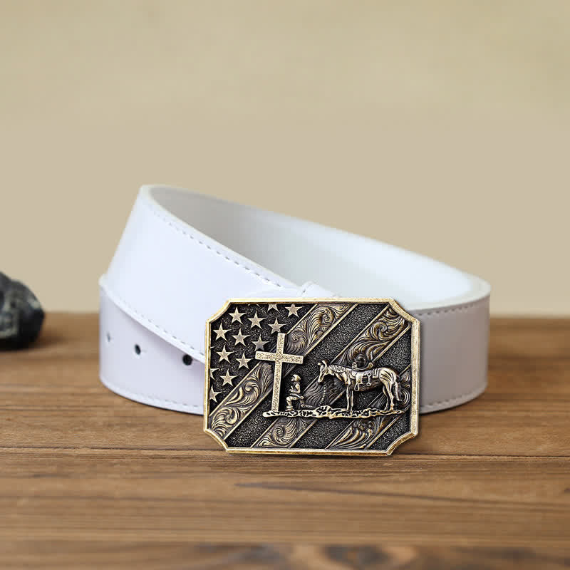 Men's DIY American Flag Cross Prayer Horse Buckle Leather Belt