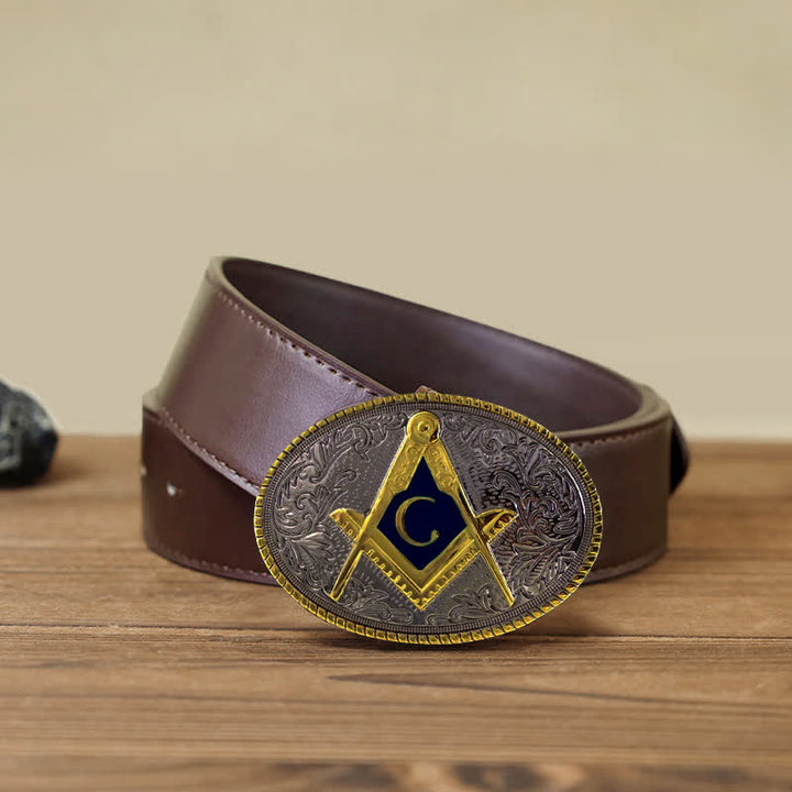 Men's DIY C-Shaped Masonic Oval Buckle Leather Belt