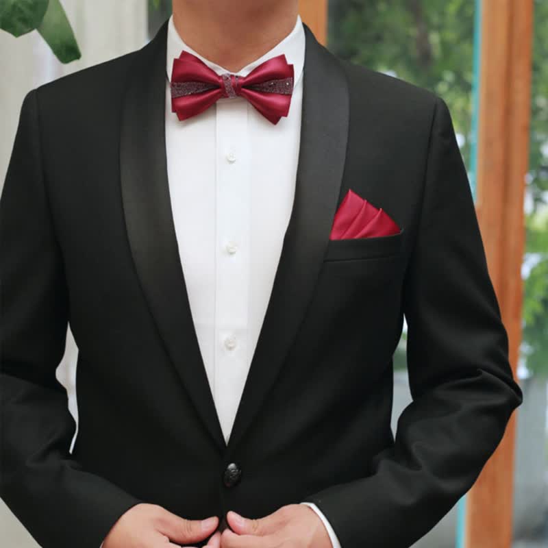 Men's Color of Red Rhinestone Bow Tie Pocket Square