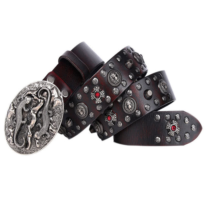 Men's Studded Ruby Lion Ornament Leather Belt