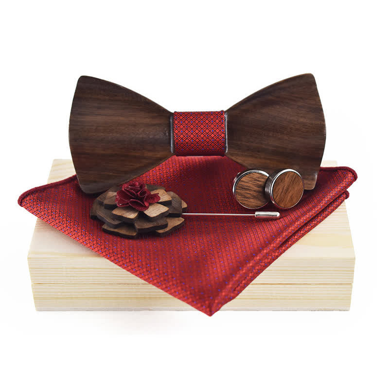 4Pcs Men's Vintage Black Wooden Bow Tie Set