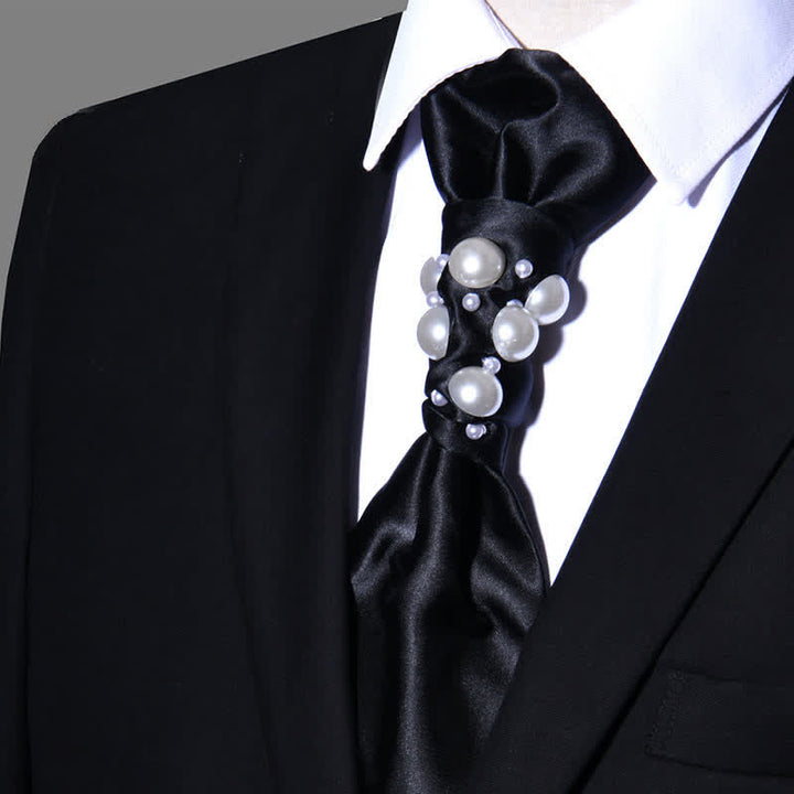 Men's Vintage Look Pearls Wedding Necktie - Black - image 5