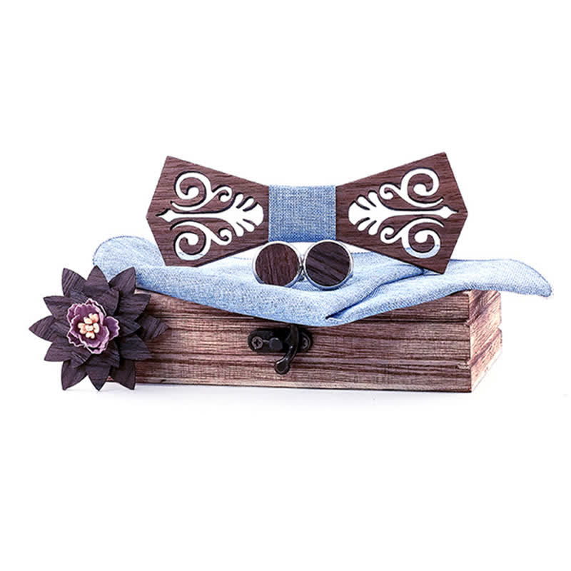 4Pcs Men's Hollow Flower Pattern Wooden Bow Tie Set