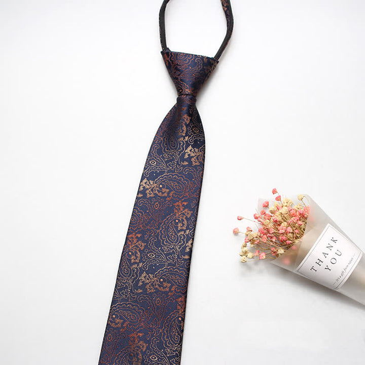 Men's Retro Paisley Flower Zipper Tie Necktie - Navy Paisley - image 3