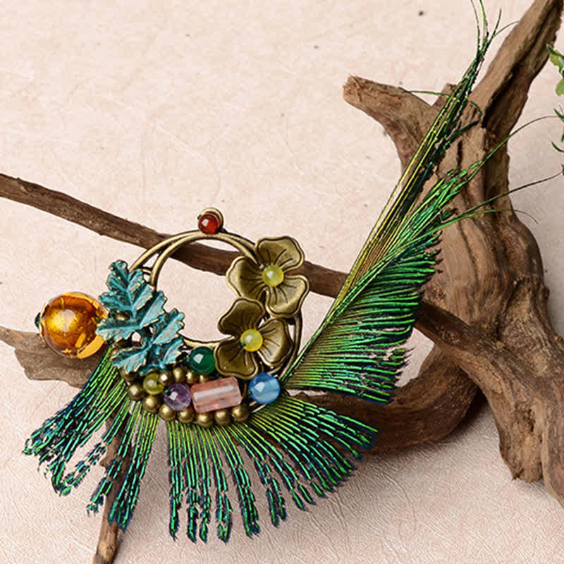 Women's Retro Bronze Flower Peacock Feather Brooch