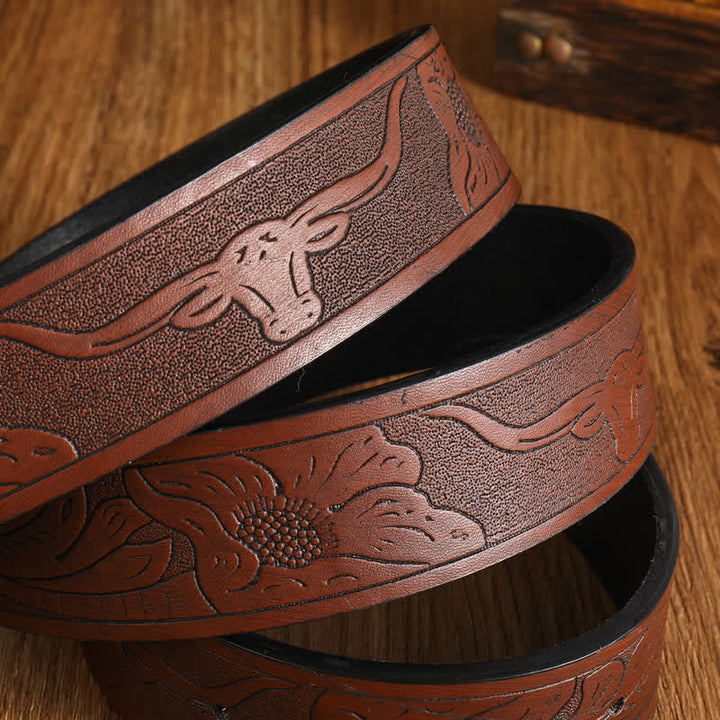 Men's Square Golden Longhorn Bull Leather Belt