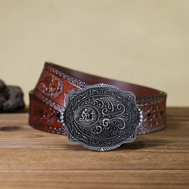 Men's DIY Engraved Floral Earnest Prayer Buckle Leather Belt