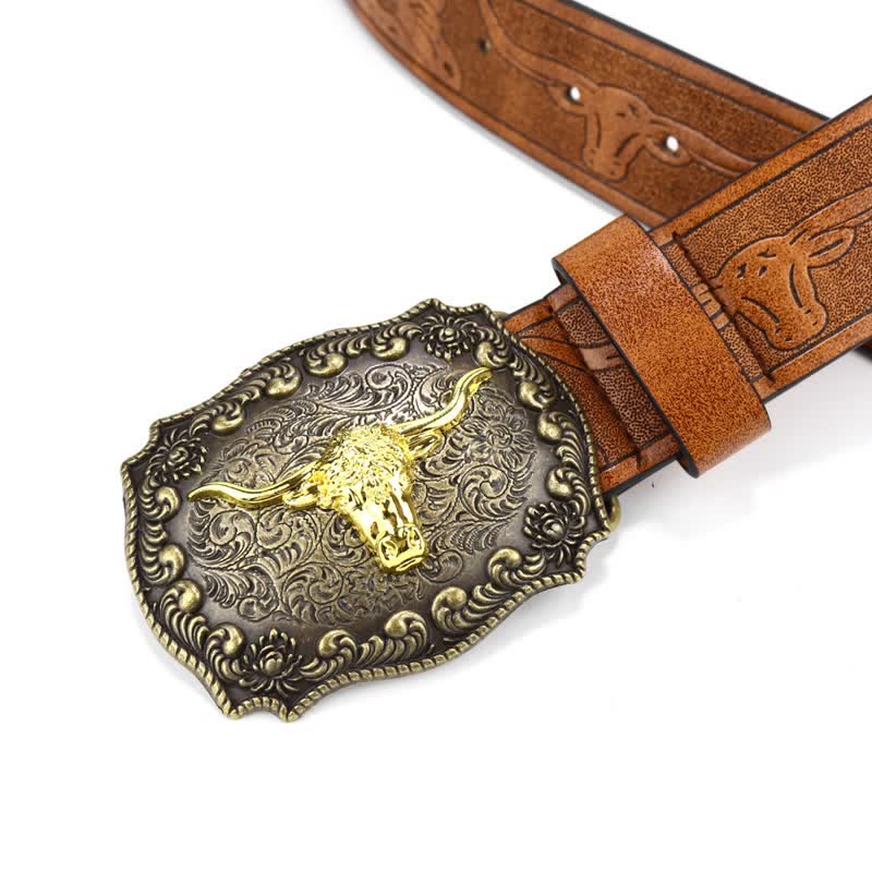 Men's Square Engraved Bull Flower Leather Belt