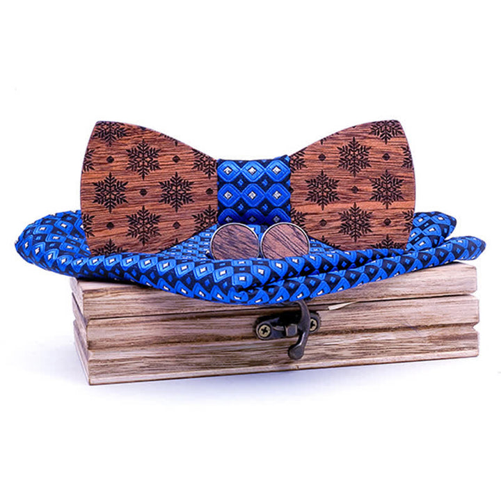 3Pcs Men's Snowflakes Pattern Christmas Wooden Bow Tie Set