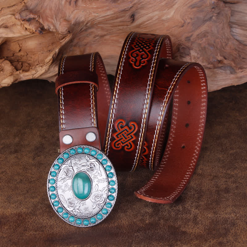 Unisex Carved Rose Turquoise Jade Agate Leather Belt