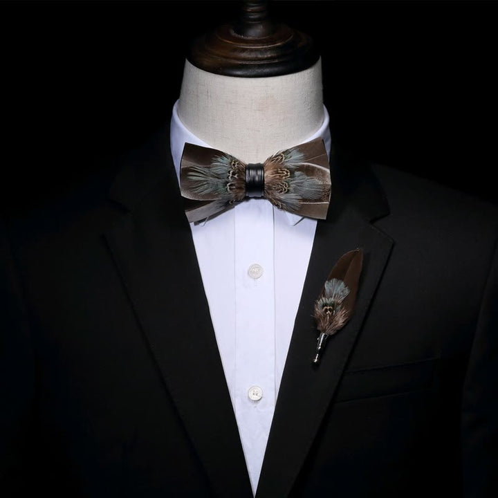 Brown Rustic Feather Bow Tie with Lapel Pin