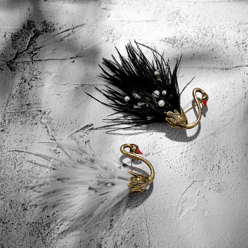 Women's Black / White Swan Plush Feather Brooch