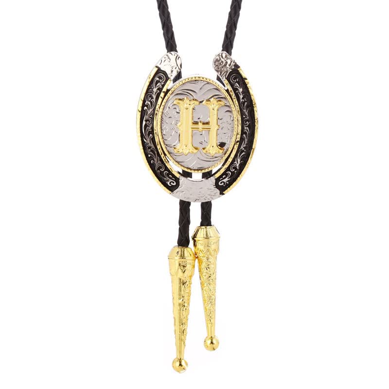 Modern Western Horseshoe Initial Letter A To Z Bolo Tie - Gold - H - image 11