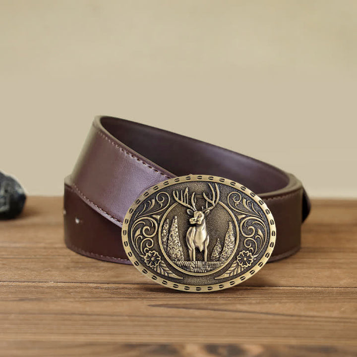 Men's DIY Forest Deer Oval Buckle Leather Belt