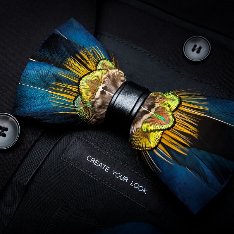 Blue & Yellow Peacock Feather Bow Tie with Lapel Pin