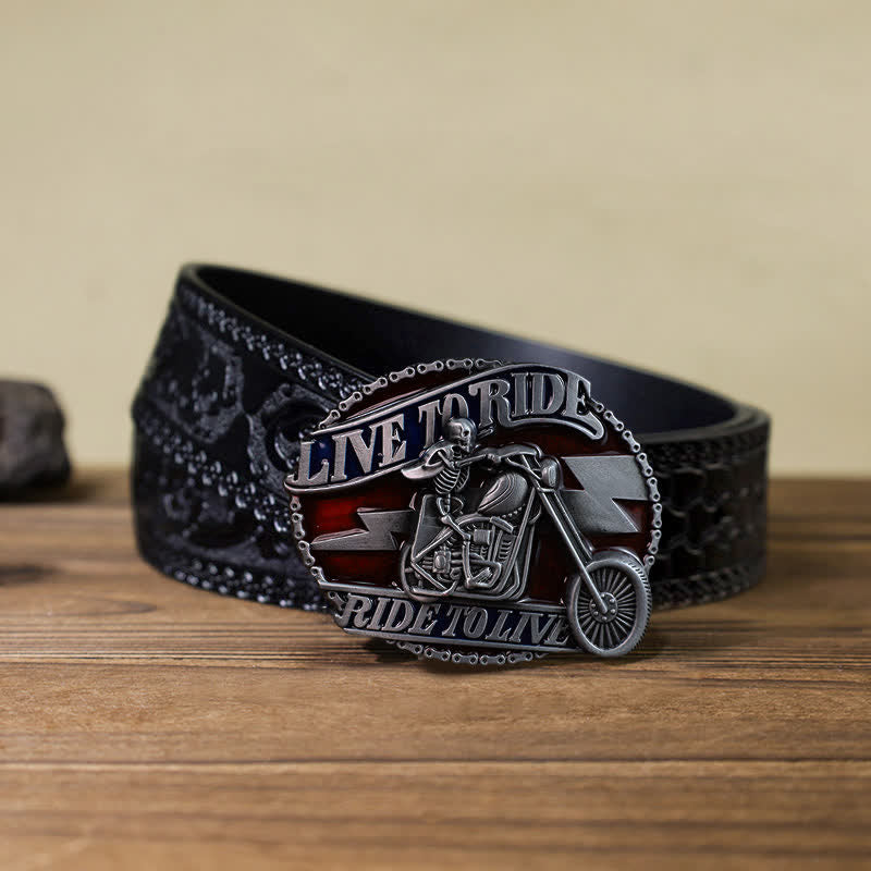 Men's DIY Skull Biker Live to Ride Buckle Leather Belt