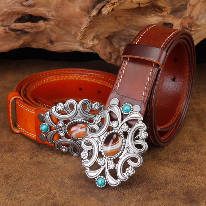 Unisex Agate Stone Turquoise Hollow Flower Leather Belt