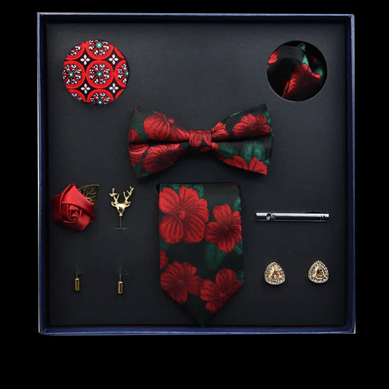 8Pcs DarkGreen&Red Vintage Leaf Necktie Bow Ties Gift Box - DarkGreen&Red - image 0