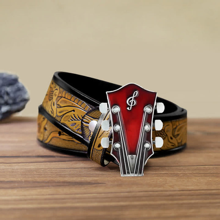 Men's DIY Musical Guitar Headstock Buckle Leather Belt