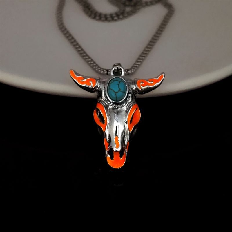 Men's Vintage Western Glow in the Dark Bull Skull Necklace - Orange - image 6