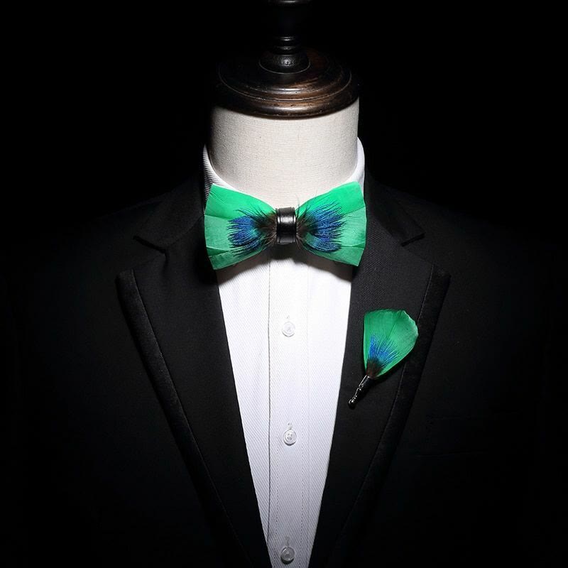 Kid's Blue & Green Novelty Feather Bow Tie with Lapel Pin