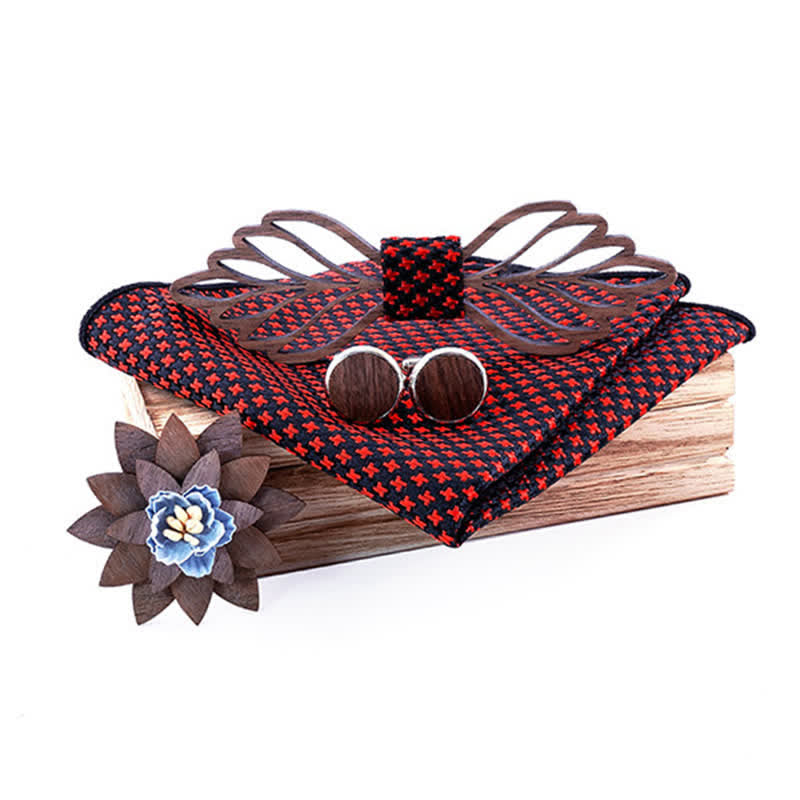 4Pcs Men's Hollow Leaves-shaped Wooden Bow Tie Set