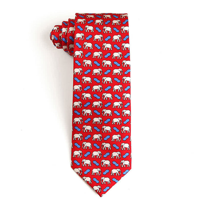 Men's Dancing Animal Motifs Pure Silk Necktie - Elephant - Red - image 16