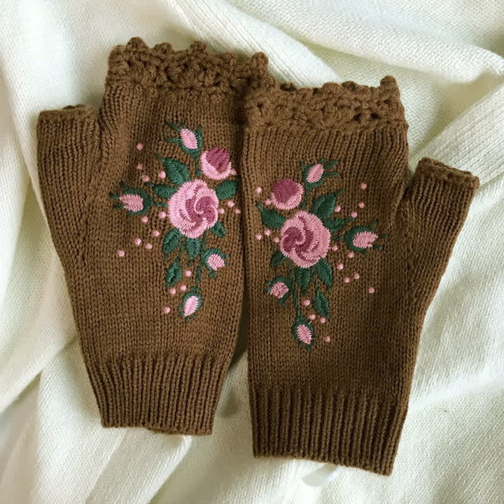 Women's Flower Embroidered Half Finger Knit Gloves