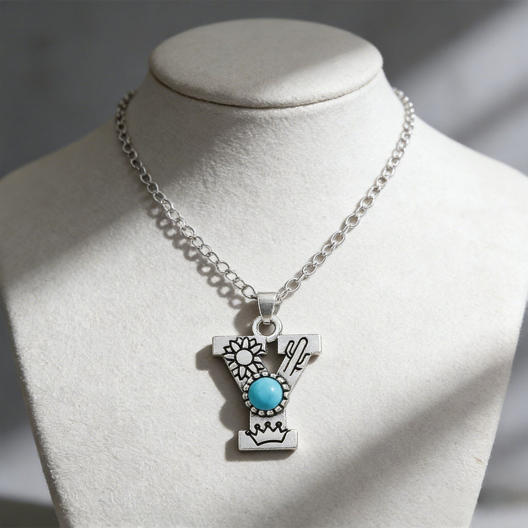 Vintage Initial Letter Turquoise Charm Necklace - Y - image 26