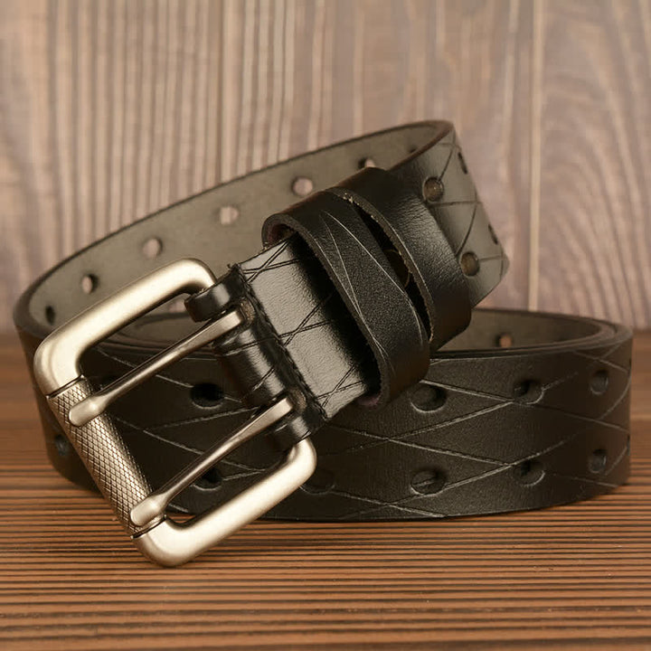 Men's Classic Double Row Hole Leather Belt