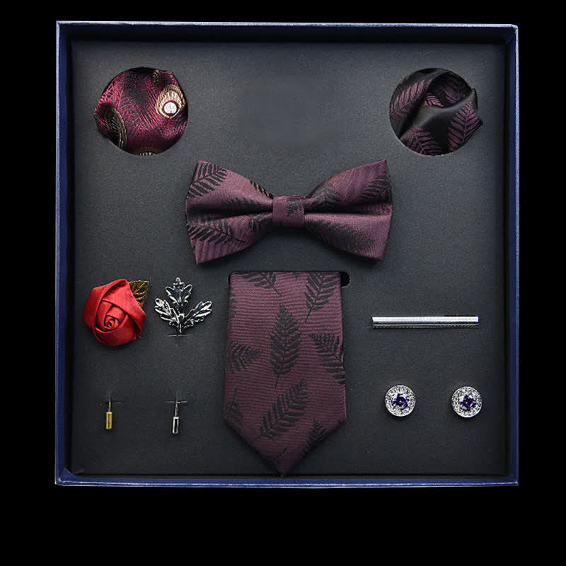 8Pcs Maroon Vintage Leaf Necktie Bow Ties Gift Box - Maroon - image 0