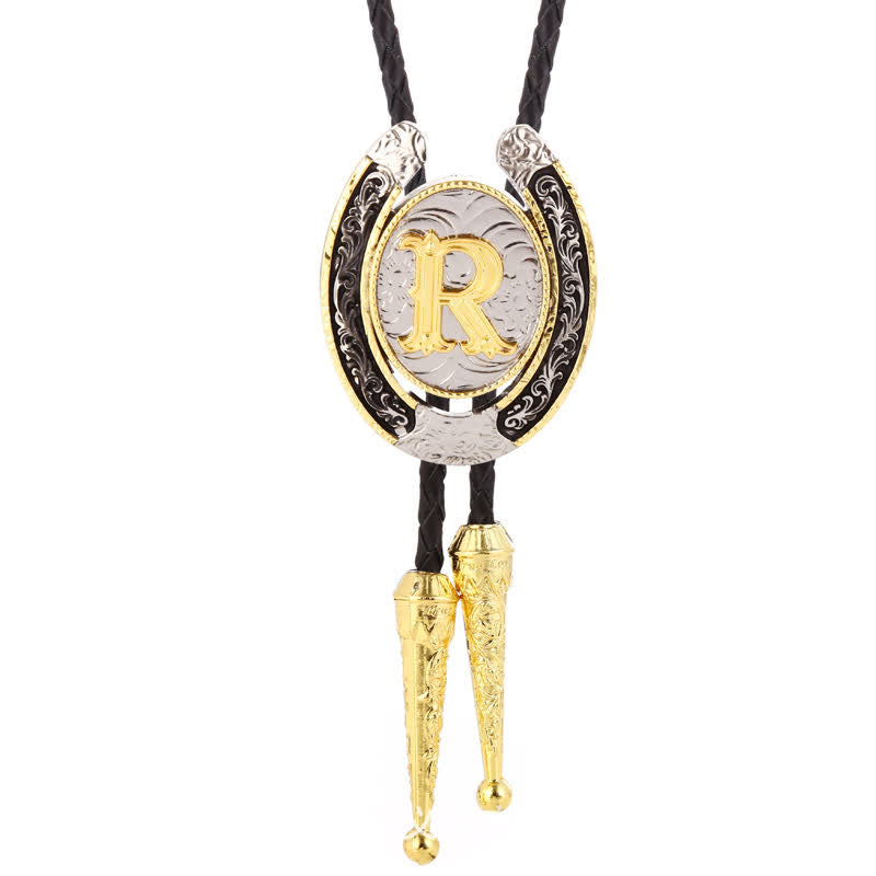 Modern Western Horseshoe Initial Letter A To Z Bolo Tie - Gold - R - image 21