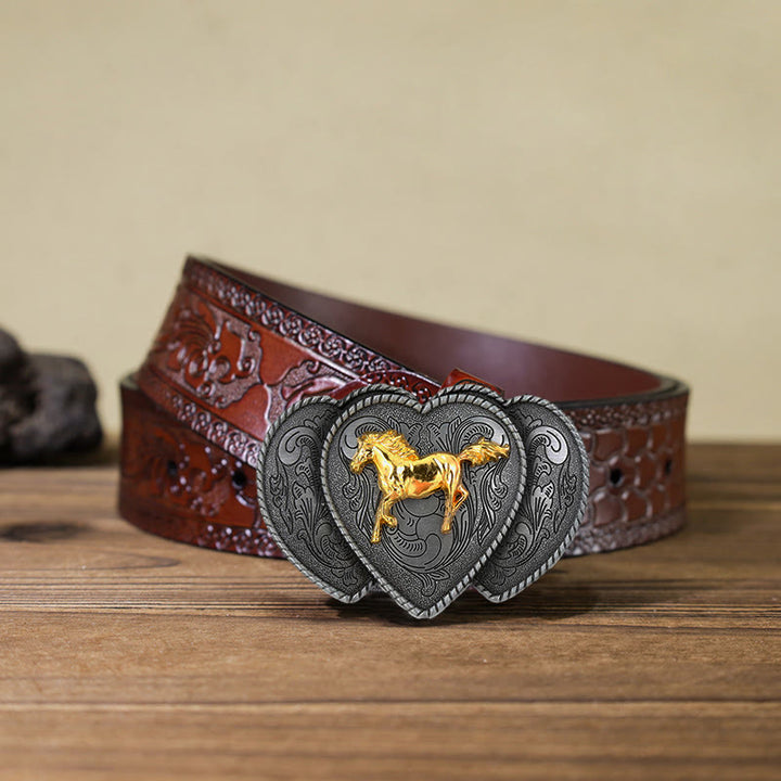 Men's DIY Horse Triple Heart Shaped Buckle Leather Belt