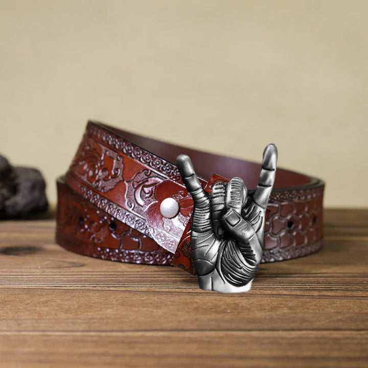 Men's DIY Cool Rock Love Gesture Buckle Leather Belt