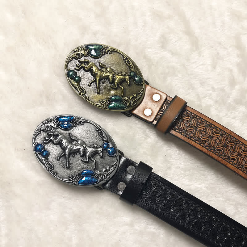 Men's Double Horses Faux Gemstone Leather Belt