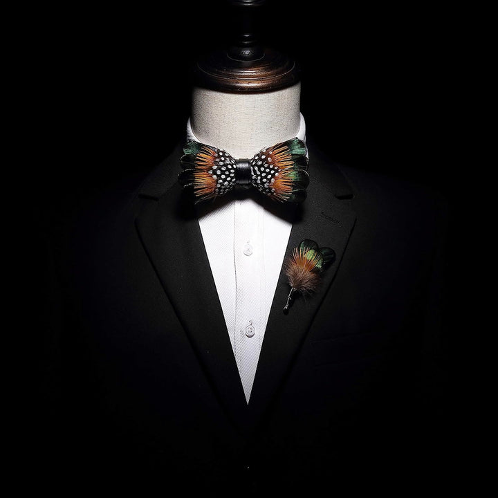 ForestGreen & Orange Vintage Feather Bow Tie with Lapel Pin - image 2