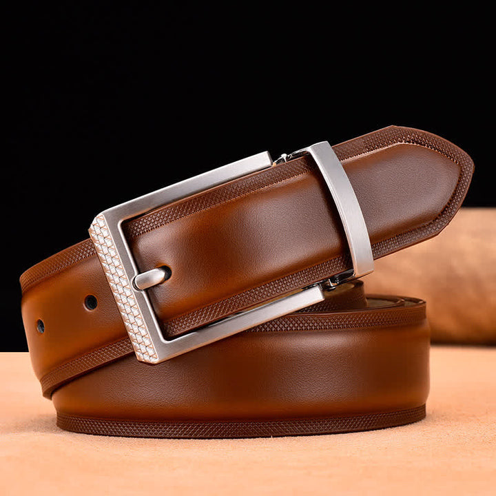 Men's Noble Black and Silver Buckle Leather Belt - Yellow Brown & Silver - 46 - image 0