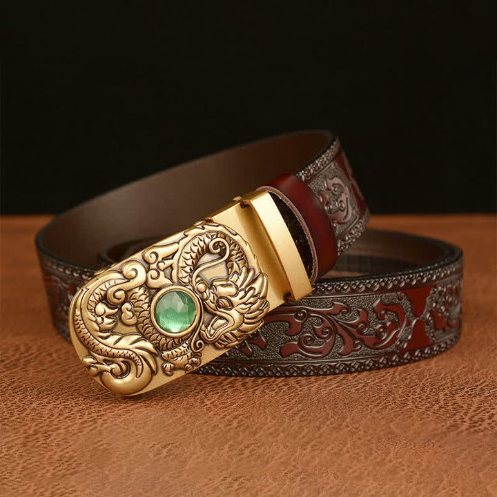 Men's Engraved Dragon Gemstone Leather Belt