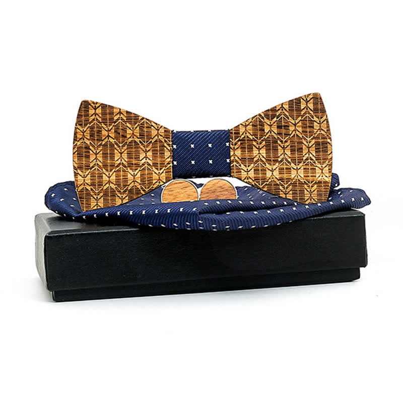 3Pcs Men's Carving Crown Wooden Bow Tie Set