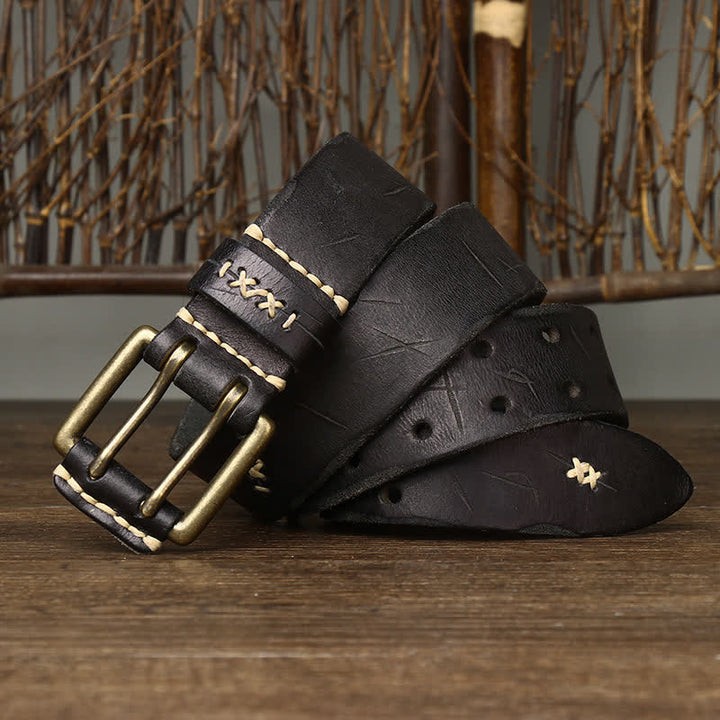 Men's Distressed Double Needle Buckle Leather Belt