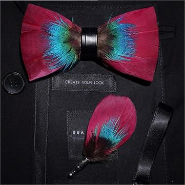 Pink & Blue Gentle Feather Bow Tie with Lapel Pin